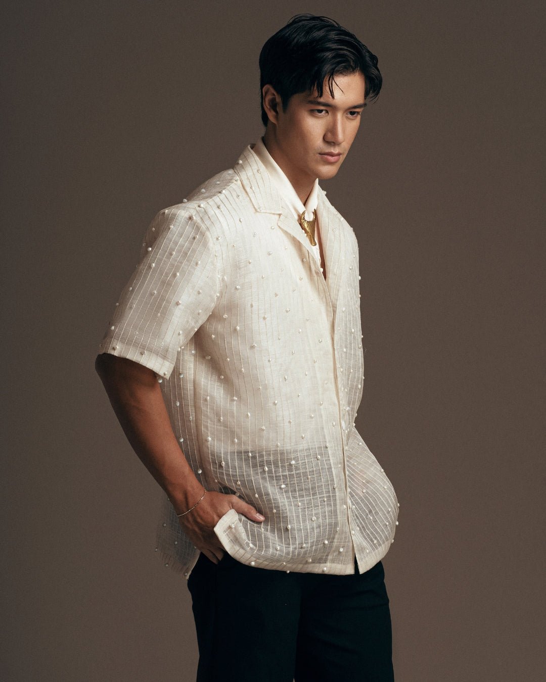 Emerie Studios - Masoy Shirt Barong in Piña Pearls, natural | modern contemporary barong