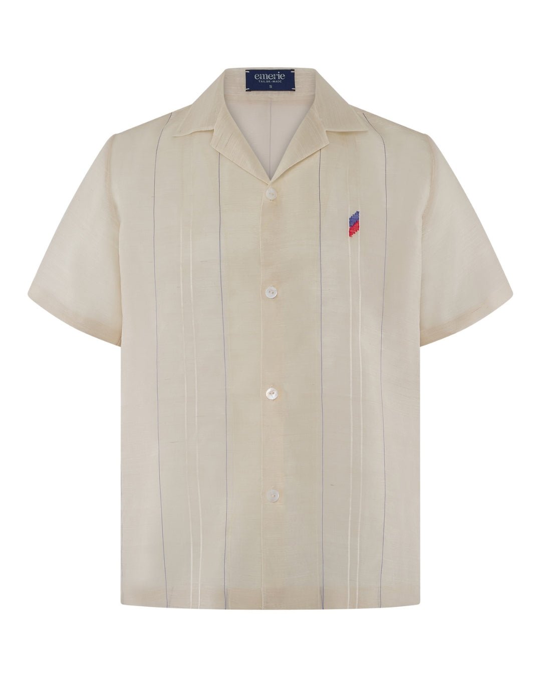 Emerie Studios - Masoy Shirt Barong in Piña Seda Flag Sinuksok, blue | modern contemporary barong