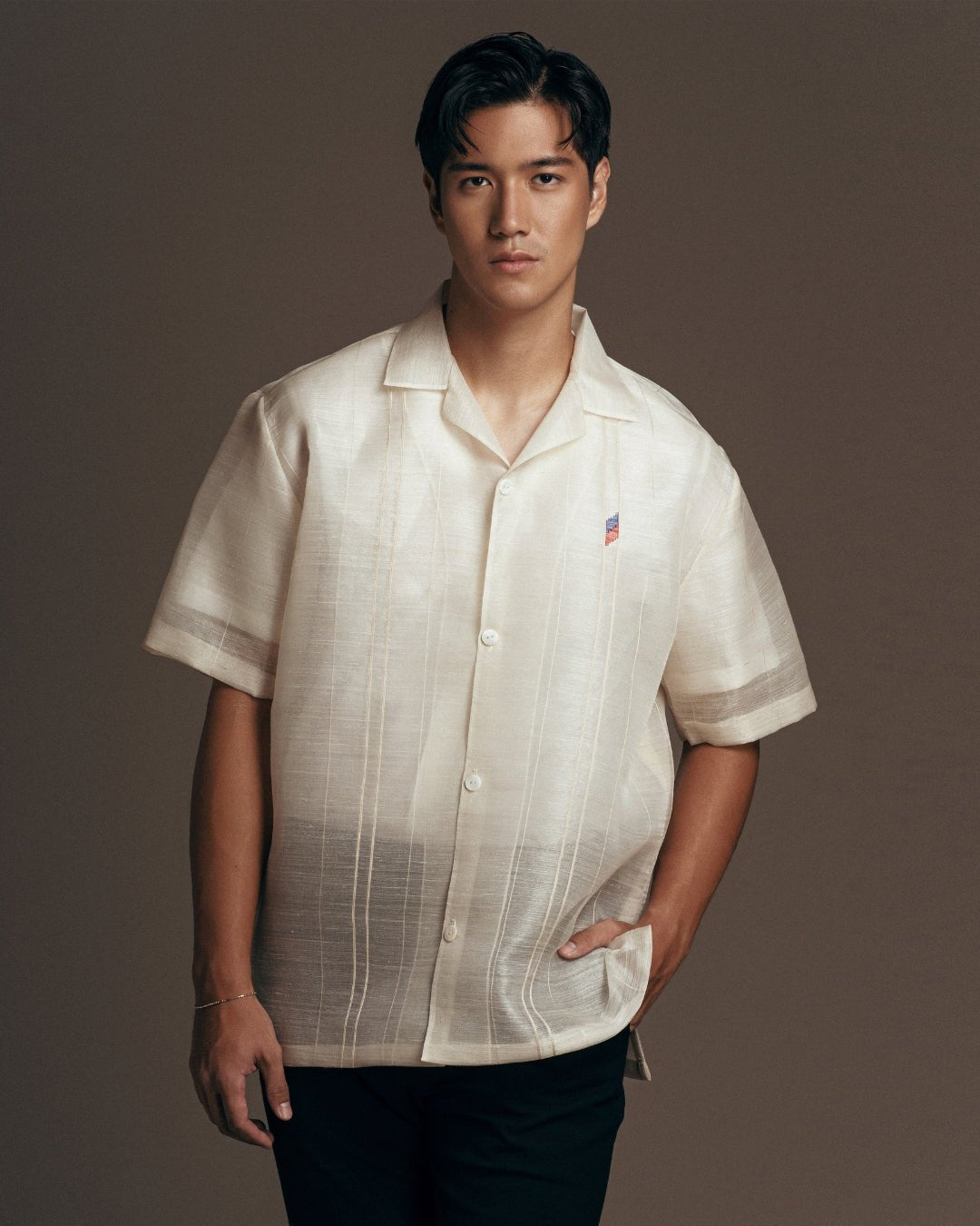 Emerie Studios - Masoy Shirt Barong in Piña Seda Flag Sinuksok, natural | modern contemporary barong